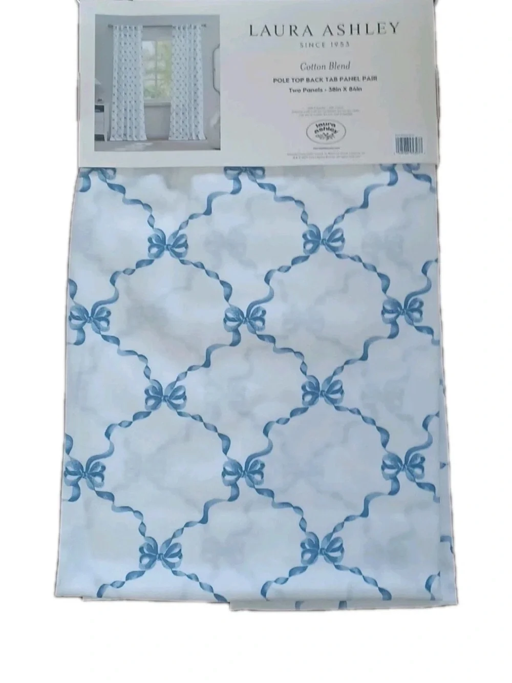 Laura Ashley Set of 2 Curtain Panels – Bow Ribbon Blue & White 38x84